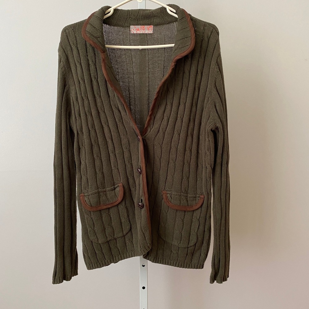 VTG Nouveaux M Lagenlook Grandma Green‎ Cardigan Cable Knit Trim Button Sweater